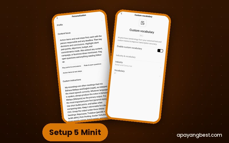 Skrin Personalization dan Custom Vocabulary dalam app PLAUD, panduan setup untuk BM dan loghat Malaysia